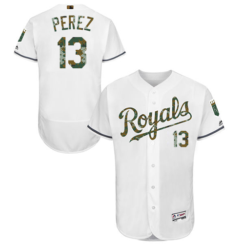 Royals #13 Salvador Perez White Flexbase Authentic Collection Memorial Day Stitched MLB Jersey - Click Image to Close